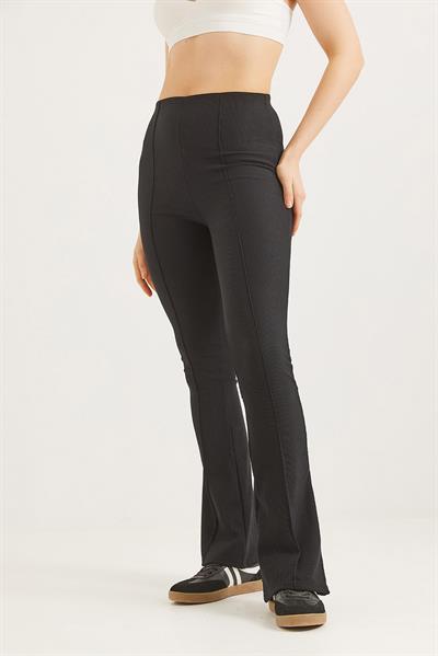 Yüksek Bel Çımalı Fitilli Pantolon Siyah