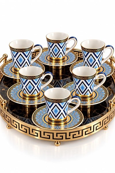 6lı Geometrik Desenli Tabağı İçe Geçmeli Fincan Takımı Mavi