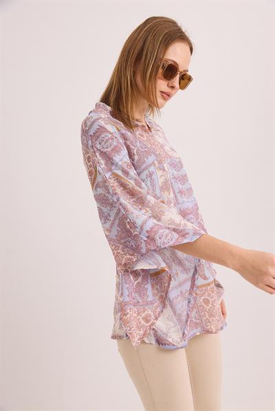 Desenli Yarasa Kol V Yaka Salaş Şifon Bluz Lila
