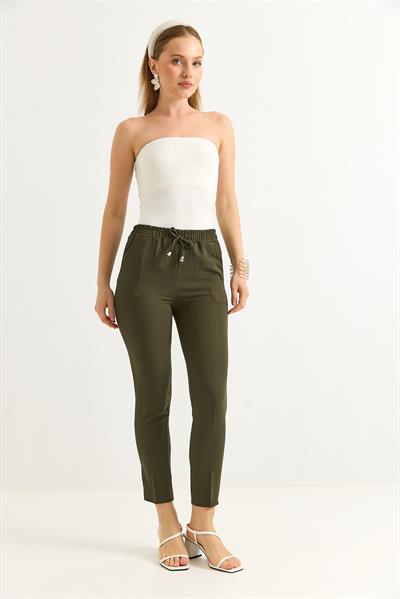 Beli Lastikli Kısa Paça Double Krep Pantolon Haki