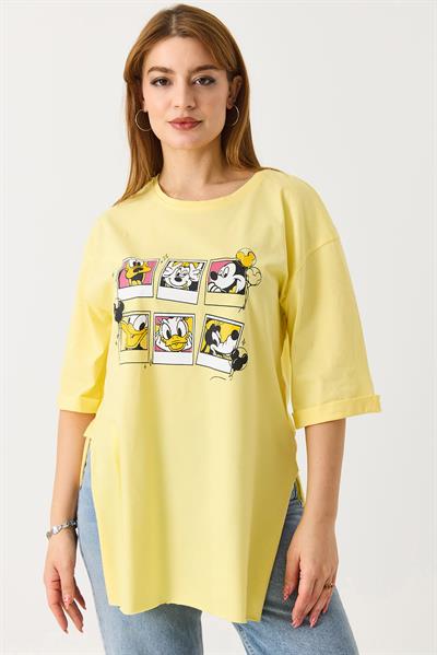 Kadın Yanı Yırtmaçlı Oversize Basic Tshirt Sarı
