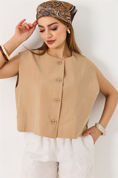 Kadın Oversize Kolsuz Yelek Bej