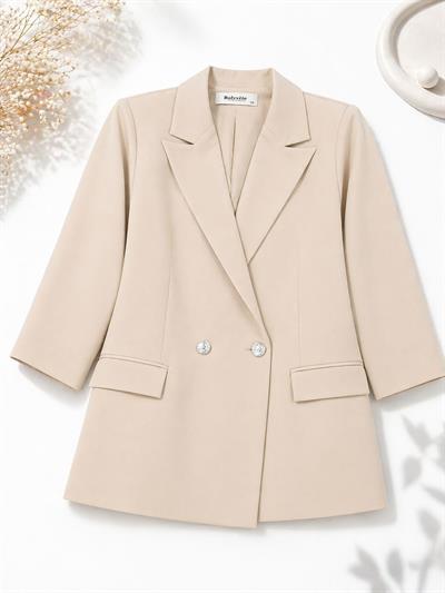 Kadın Kruvaze Yaka Çift Düğmeli Blazer Ceket Bej