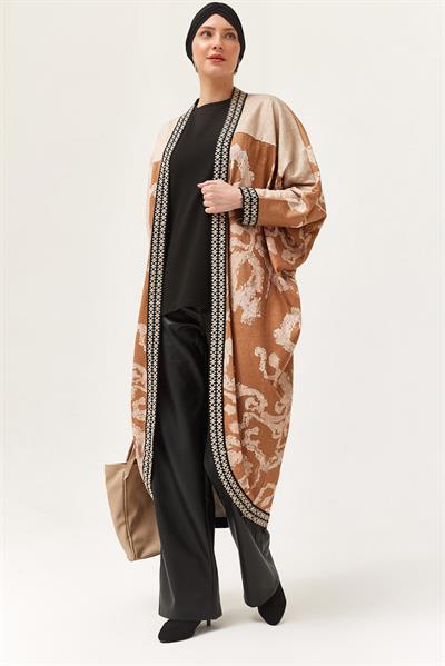 Oversize Şerit Detaylı Kimono Hırka Taba