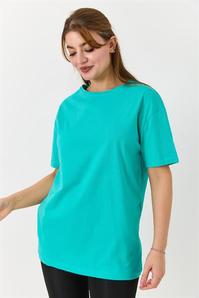 Kadın Bisiklet Yaka Baskısız Düz Bisiklet Yaka Tshirt Yeşil