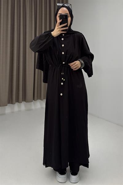 Kadın Beli Tünelli Düğmeli Uzun Tunikli İkili Takım Siyah