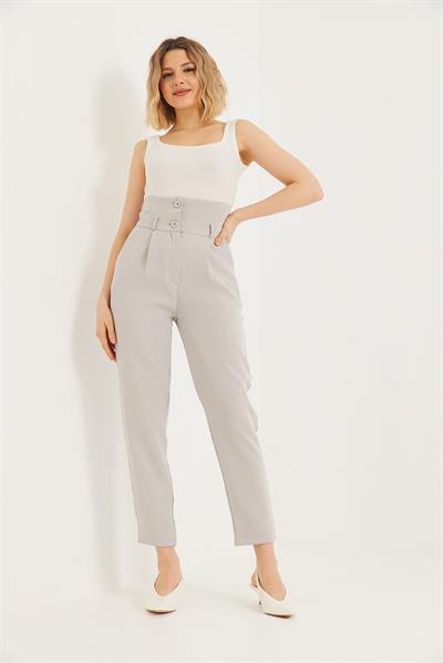 Çift Düğmeli Yüksek Bel Palazzo Pantolon Gri