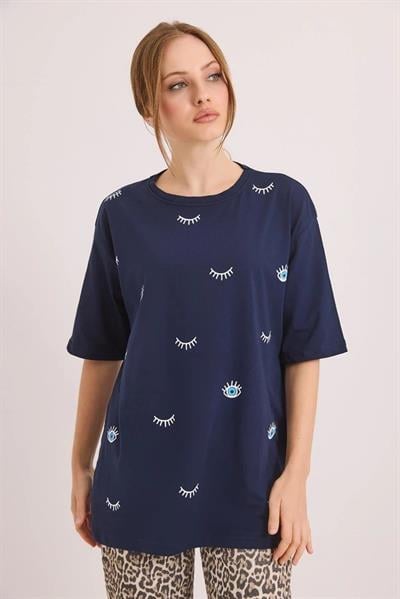 Kadın Bisiklet Yaka Göz Baskılı Oversize Tshirt Lacivert