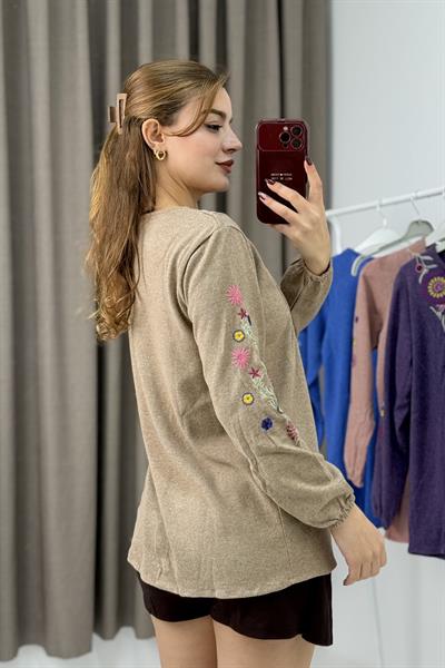 Kadın Vizon Triko Etnik Mor Çiçek Nakışlı Kazak