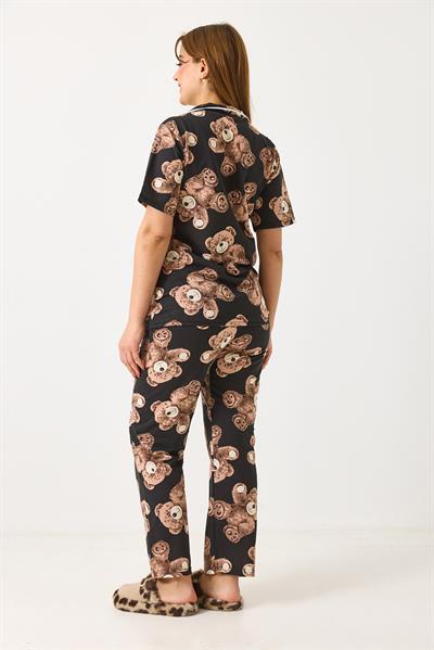 Kadın Ayıcık Baskılı Pijama Takımı Siyah