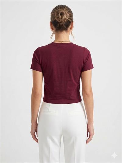 Kadın İnci Fiyonklu Crop Bluz Bordo
