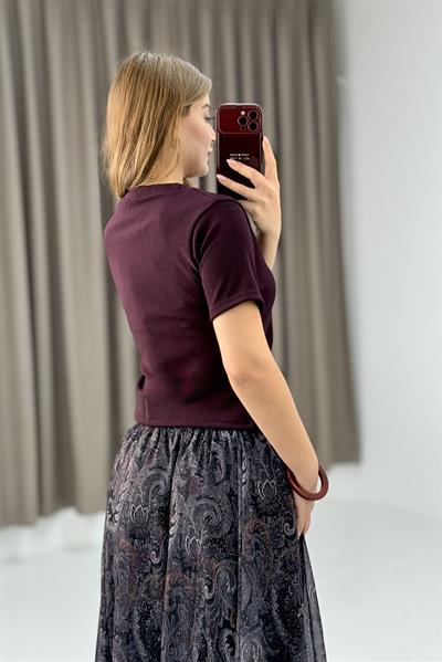 Kadın Yan Tokalı Asimetrik Kesim Kakorse Kısa Kollu Bluz  Mürdüm