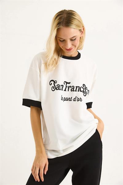 Kolları Garnili Baskılı  Oversize Kadın Tshirt Beyaz