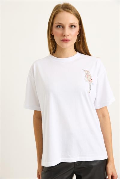 Taş Baskılı Kuş Motifli Bisiklet Yaka Tshirt Beyaz