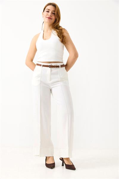 Kadın Paçası Dikişli Kemerli Şık Pantolon Beyaz