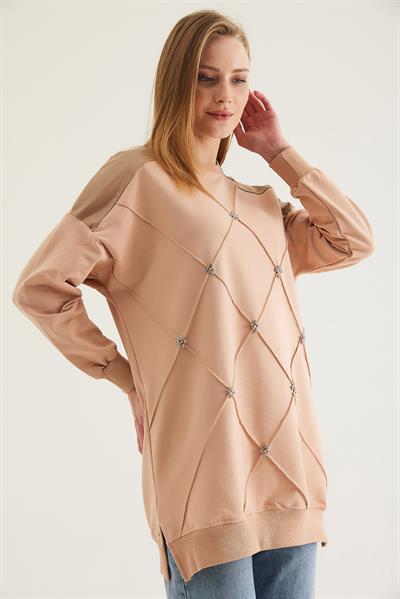 Deri Garnilli Taşlı İki İp Tunik Vizon