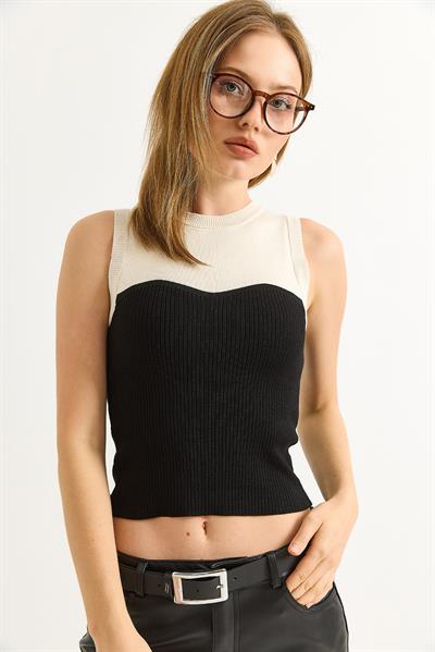 Çift Renk Bisiklet Yaka Triko Bluz Siyah