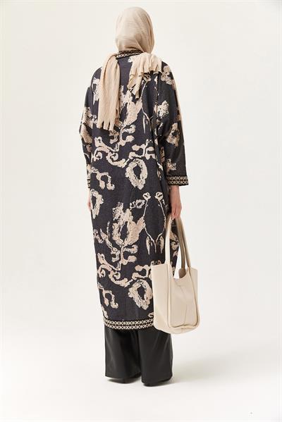 Oversize Şerit Detaylı Kimono Hırka Siyah