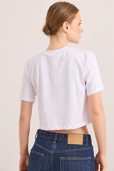 Nakışlı Örme Pamuk Crop Tshirt Beyaz