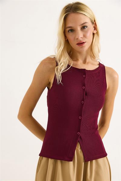Düğmeli Fitilli Kumaş Kolu Askılı Bluz Bordo