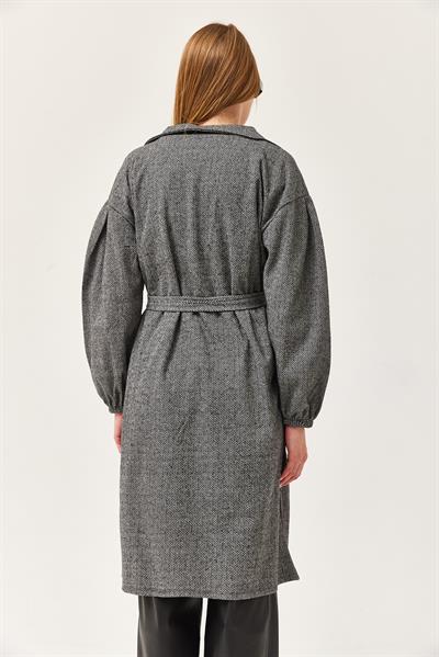 Balıksırtı Desenli Kuşaklı Kap Gri