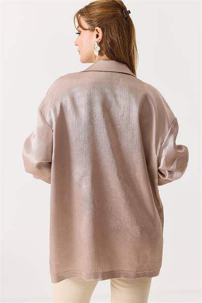 Kadın  Kruvaze Yaka Saten Oversize Blazer Ceket Pudra