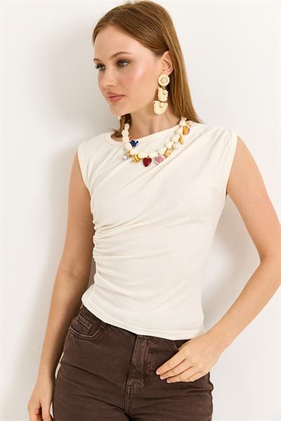 Yanları Büzgülü Pamuk Örme Bluz Beyaz