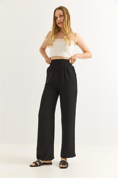 Ayrobin Kumaş Bol Paça Beli Lastikli Sİyah Pantalon