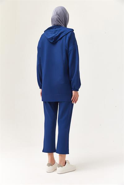 Kadın Kapüşonlu Fermuarlı İkili Takım Saks