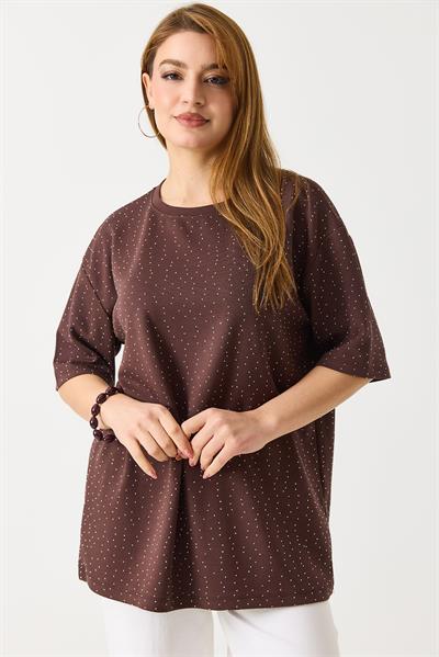 Kadın Taş Detaylı Bisiklet Yaka Oversize Tshirt Kahverengi