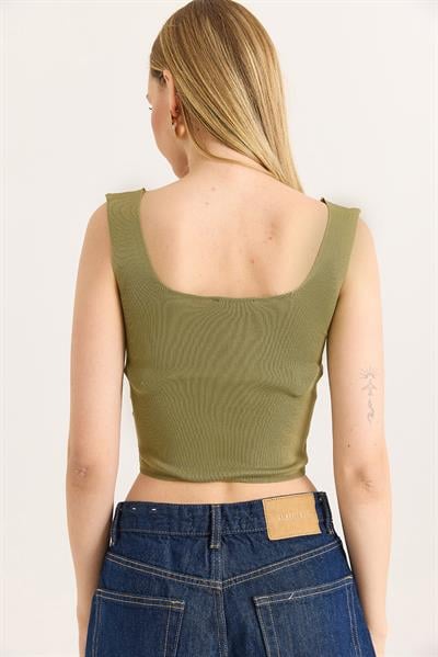  Kare Yaka Crop Triko Bluz Haki