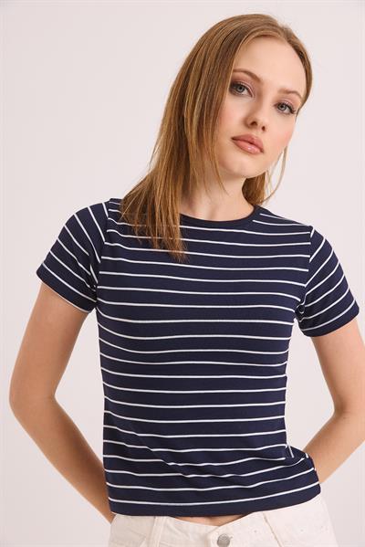 Kısa Kol Likralı Kompak Çizgili Tshirt Lacivert