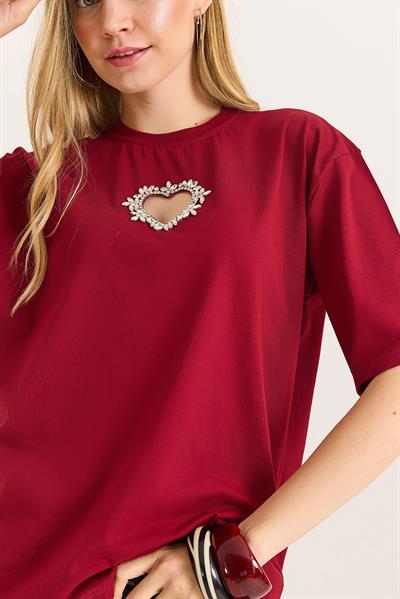 Kalp Detaylı  Oversize Kadın Tshirt Bordo