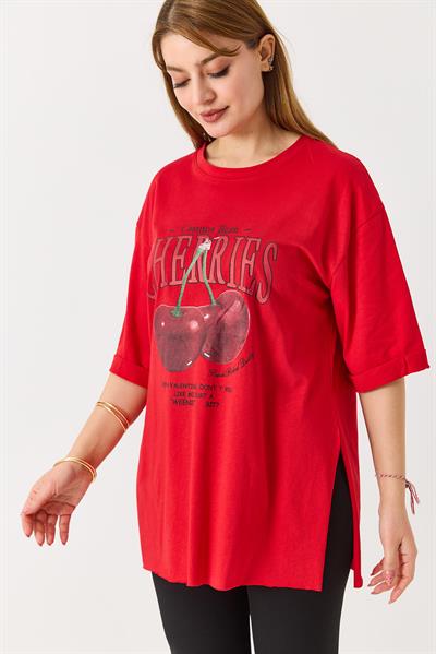 Kadın Kiraz Baskılı Yanları Yırtmaçlı Bisiklet Yaka Tshirt Kırmızı