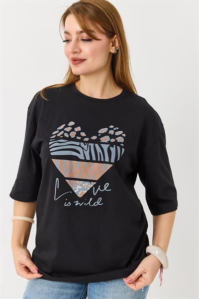 Kadın Kalp Baskılı Bisiklet Yaka Tshirt Siyah