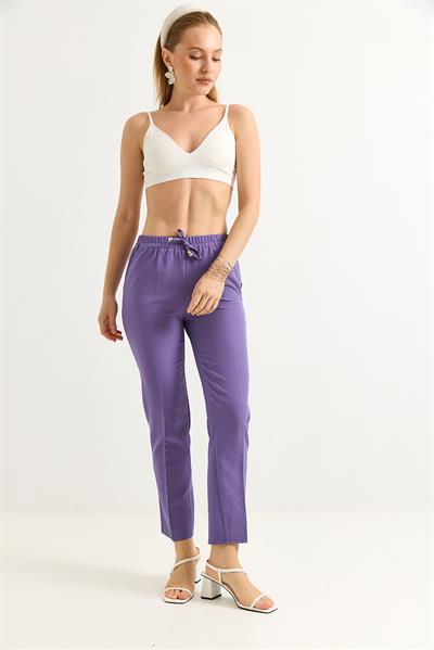 Beli Lastikli Kısa Paça Double Krep Pantolon Lila