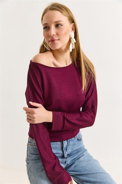 Kadın Beli Bantlı Yarasa Yumuşak Dokulu Bluz Bordo