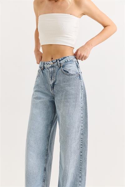 Kadın Bol Kesik Paça Şık Kot Pantalon  Açık Mavi
