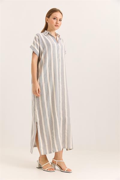 Polo Yaka Parlı İki Yanı Yırtmaçlı Yarasa Kol Oversize Dokuma Keten Elbise