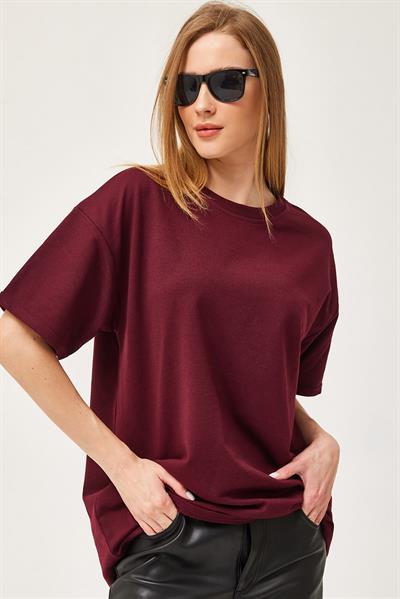 Basic Bisiklet Yaka Tshirt Bordo