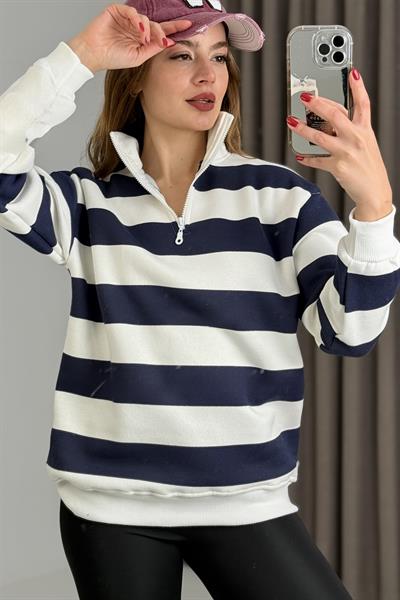 Kadın Lacivert Balıkçı Yaka Çizgili Üç İplik İçi Şardonlu Kışlık Sweatshırt 