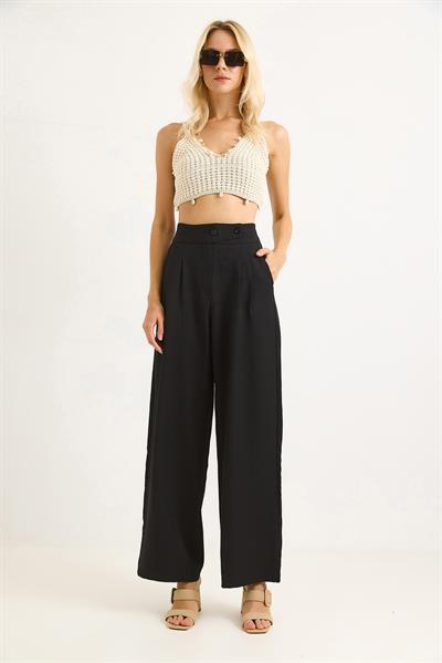 İki Düğmeli Şık Kumaş Geniş Paça  Pantalon  Siyah