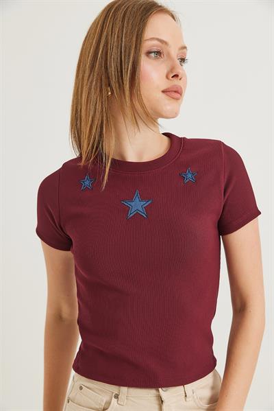 Yıldız Detaylı Fitilli Kısa Kollu Crop Bluz Bordo
