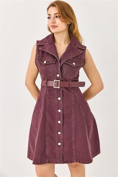 Kemerli Önden Düğmeli Kolsuz Denim Elbise Mürdüm