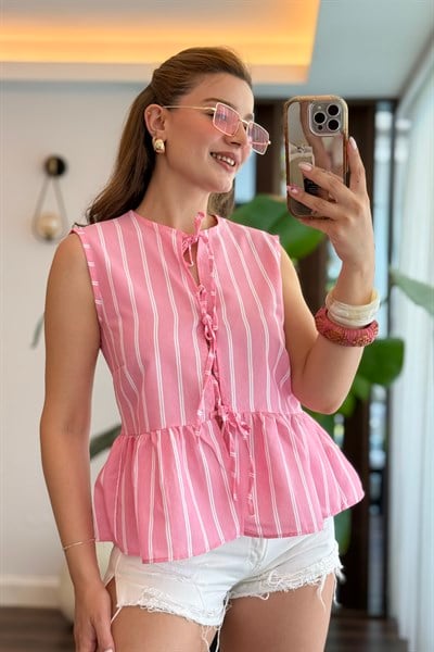 Önden Bağlamalı Kolsuz Dokuma Bluz Pembe