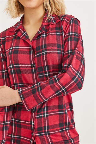 Düğmeli Uzun Kollu Pijama Takımı Kırmızı