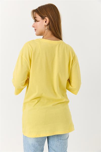 Kadın Yakası Gold Zincirli Bisiklet Yaka Tshirt Sarı