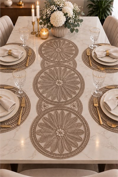 Yuvalar Desenli Motifli 7 Parça Runner Set Vizon 