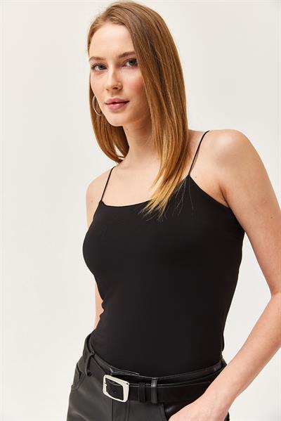 İp Askılı Uzun Crop Bluz Siyah