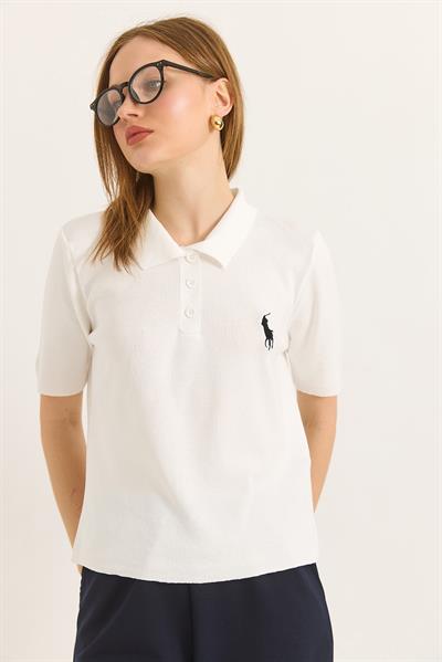 Nakışlı Polo Yaka Düğme Detaylı Triko Tshirt	Beyaz